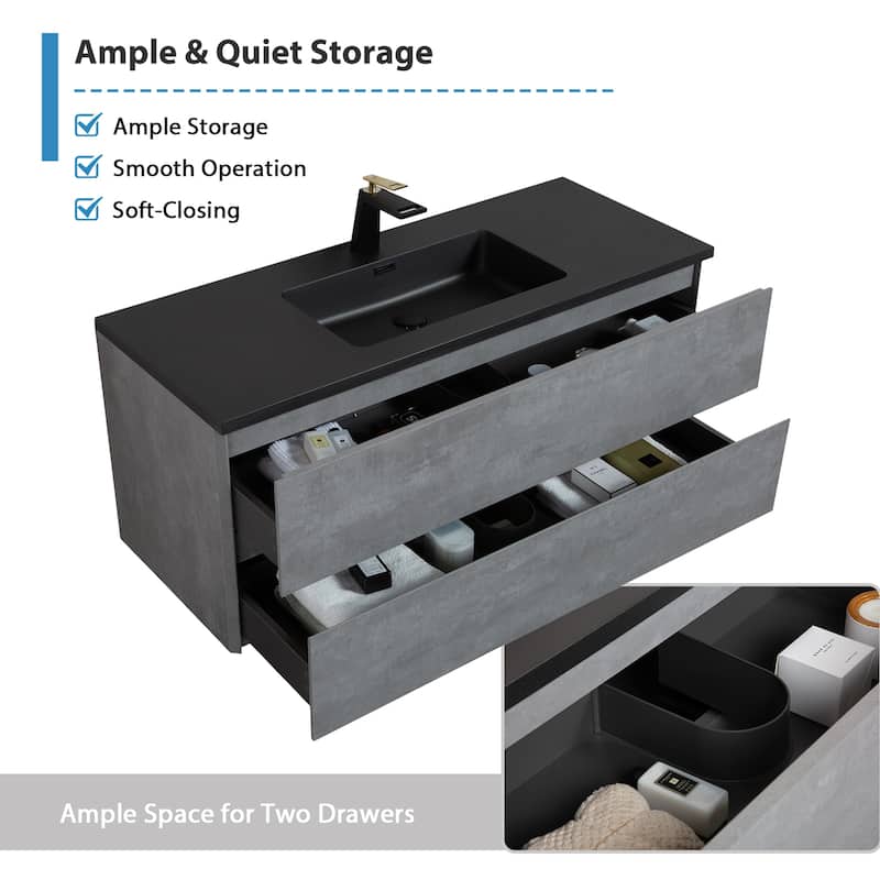RupheonD 36" 48" Cement Grey Bathroom Vanity with Black Quartz Top