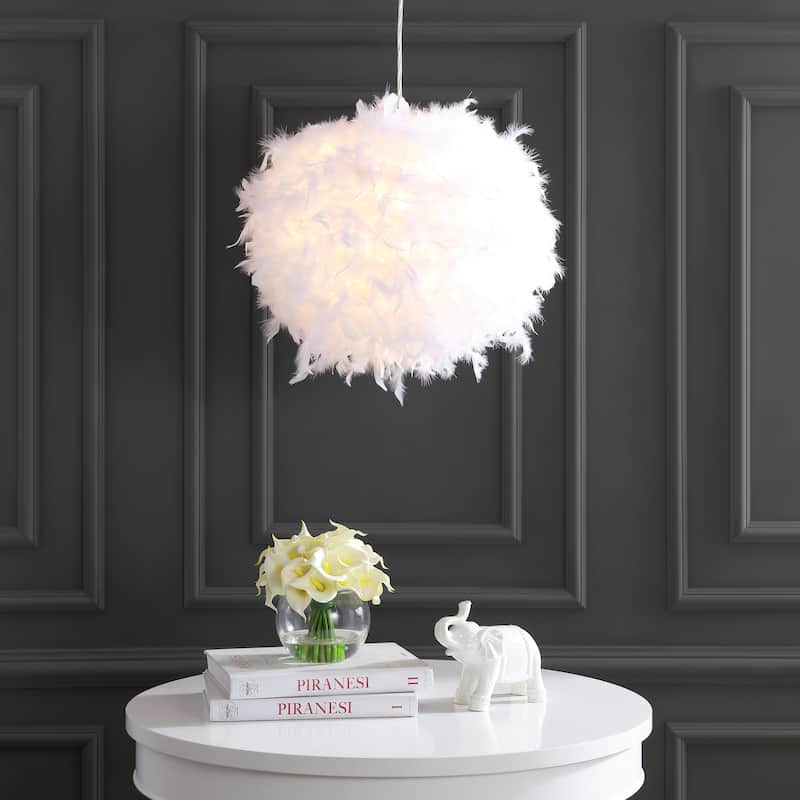 Simon 19" Feather Metal Adjustable LED Pendant, White by JONATHAN Y