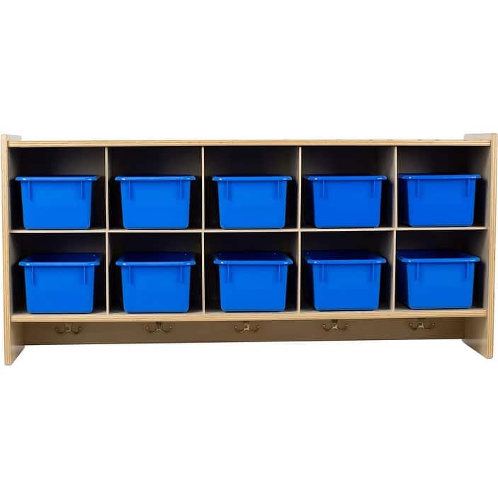 RRI Goods 10 Section Wall Mount Classroom Storage Organizer, Cubby Shelving with Trays and Hooks