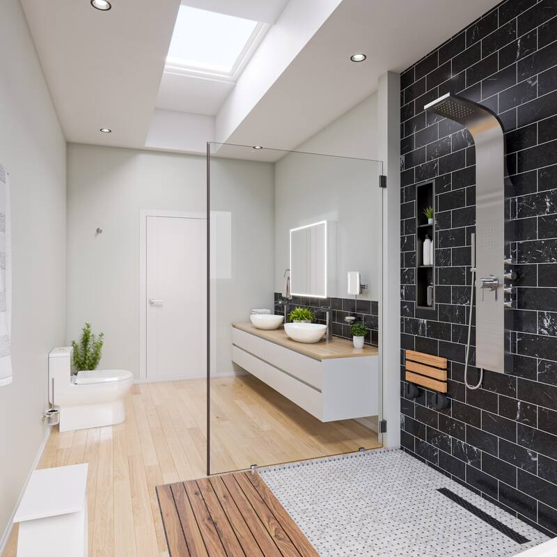 Black Matte 16" Wide Foldable Teak Shower Seat with Round Hardware