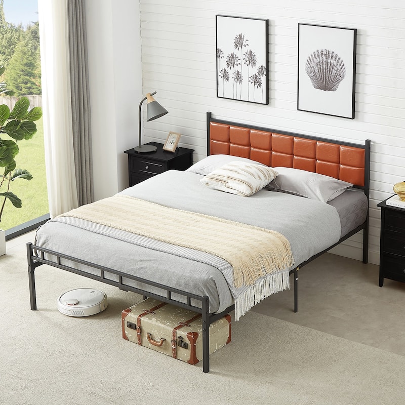 VECELO Faux Leather Tufted Bed, Metal Frame Bed Frame