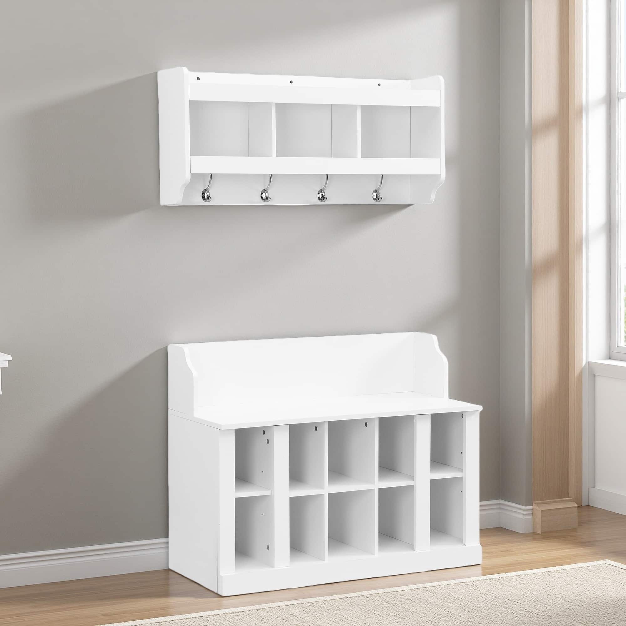 35.4"L Particle Board Shoe Storage Bench with 4 Hooks and Wall-Mounted Cabinet for Entryway Organization