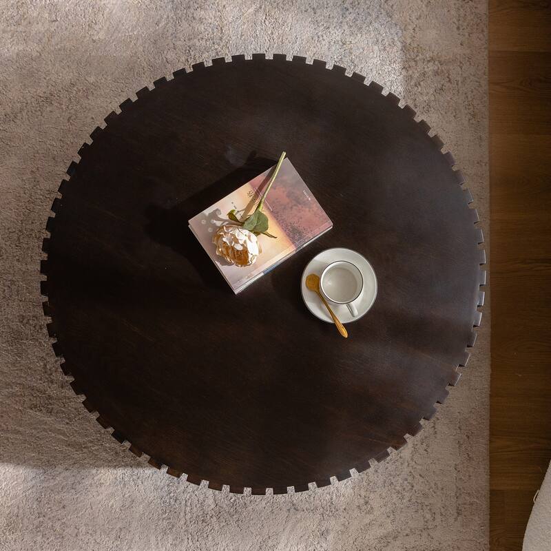 Olive-Shaped Round Wooden Coffee Table - Handcrafted Relief for Living Room