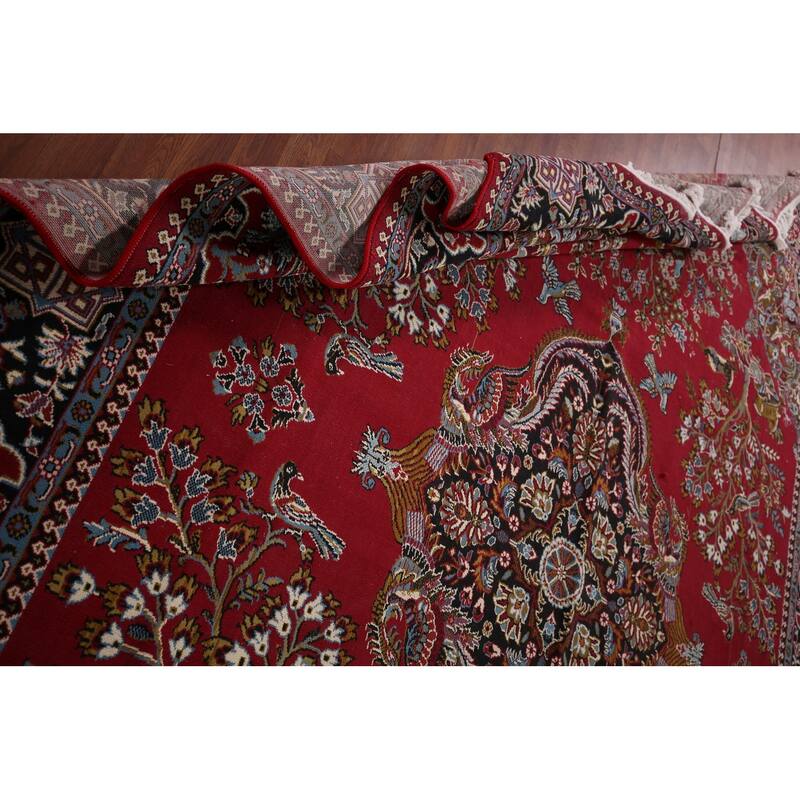 Animals Red Floral Kashan Turkish Area Rug Machine-Made Carpet - 9'7" x 12'8"