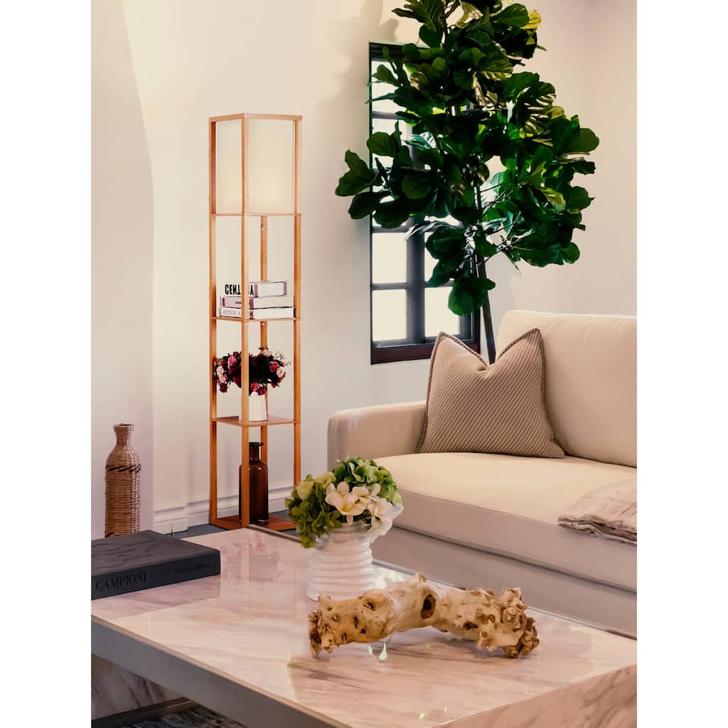 Brightech Maxwell 63 in. Natural Wood Traditional LED Super Bright 3-Shelf Floor Lamp with White Fabric Square Shade