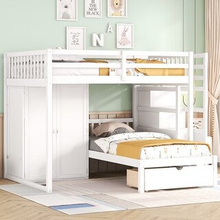 Full Over Twin Bunk Bed Frame with Drawers and Shelves, Wardrobe,White