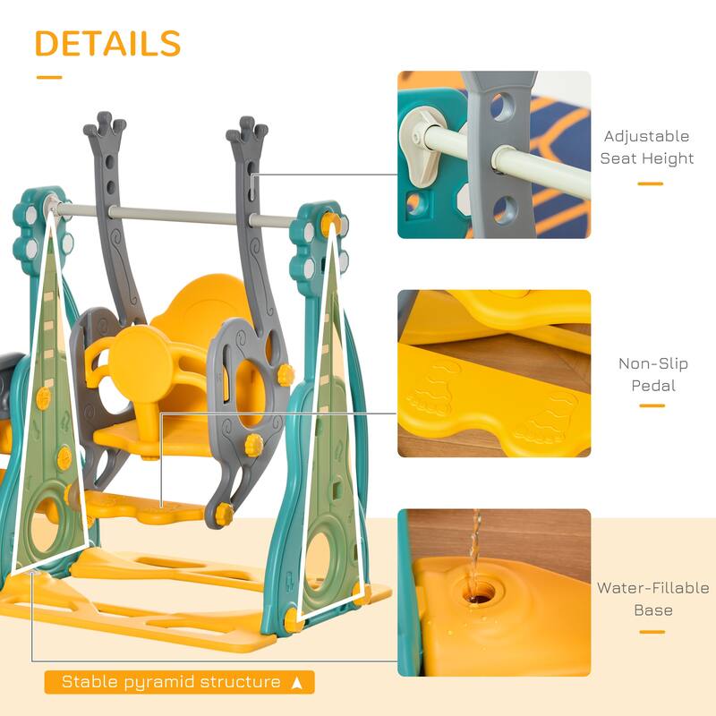 Teal-Dolphin Grey-Golden Yellow HDPE Kids Swing Set with Slide and Hoop - 59.75" L x 58.75" W x 42.25" H