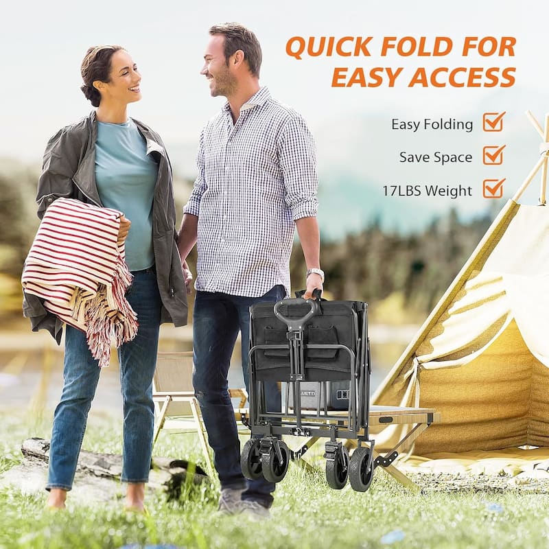 Collapsible Folding Wagon, Wagon Cart Foldable with Two Drink Holders, Utility Grocery Wagon for Camping Shopping Sports