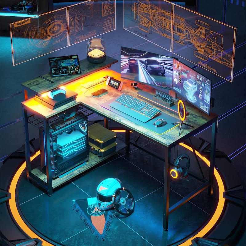 Bestier 42" Gaming Desk with Power Outlets, L-Shaped Desk with LED Lights and Reversible