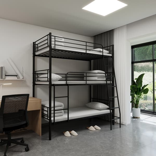 slide 2 of 16, Triple Bunk Beds for 3, Metal Bunk Bed with Safe Guardrail & ladder, Can be Separated into 3 Twin Beds Black