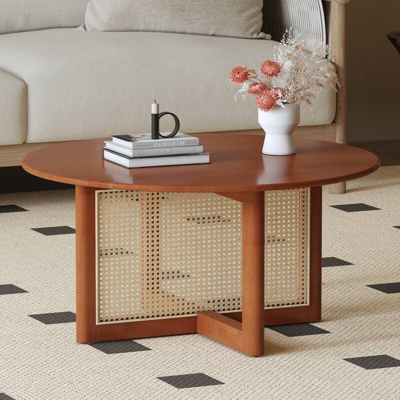 33.5" Modern Round Coffee Table with Artificial Rattan Decorations for Living Room
