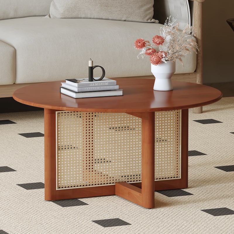 wooden coffee table with faux rattan accents - Red
