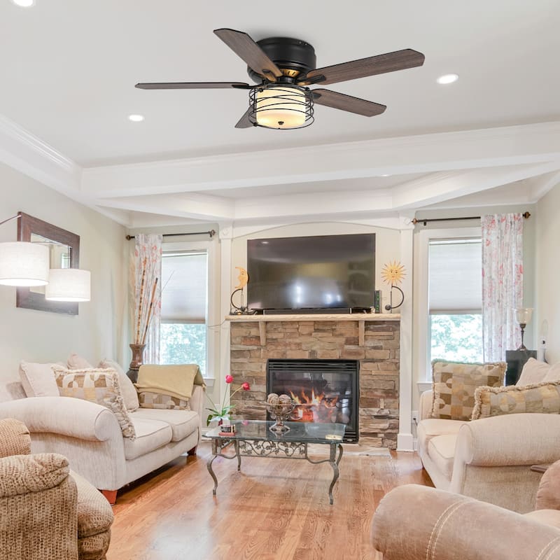 48" Reversible Wood 5-Blade Black Flush Mount Ceiling Fan with Remote