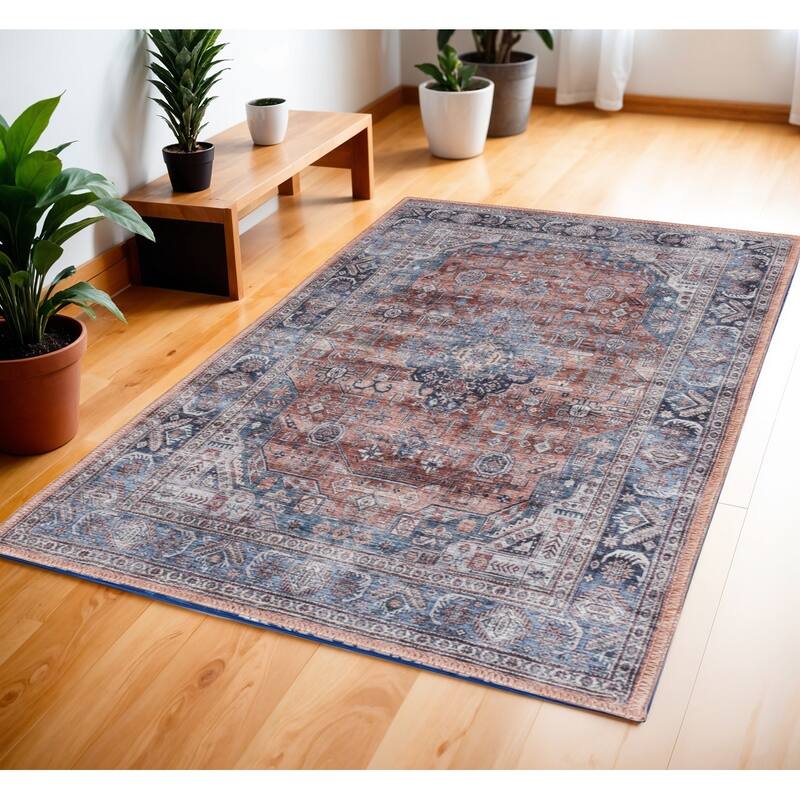 Power Loomed Distressed Non Skid Low Pile Area Rug - 72' X '48' X '0.25 - 72' X '48' X '0.25 - Oxford Blue - Rectangle