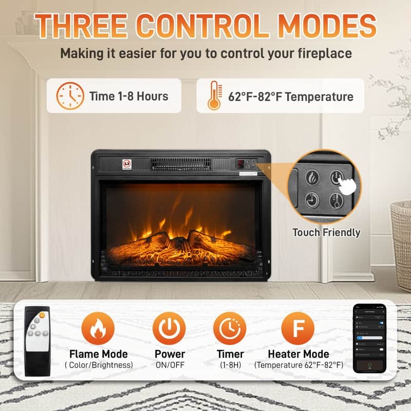1400W Wall Recessed Fireplace Heater with WiFi Function(18inch/23inch/26inch)