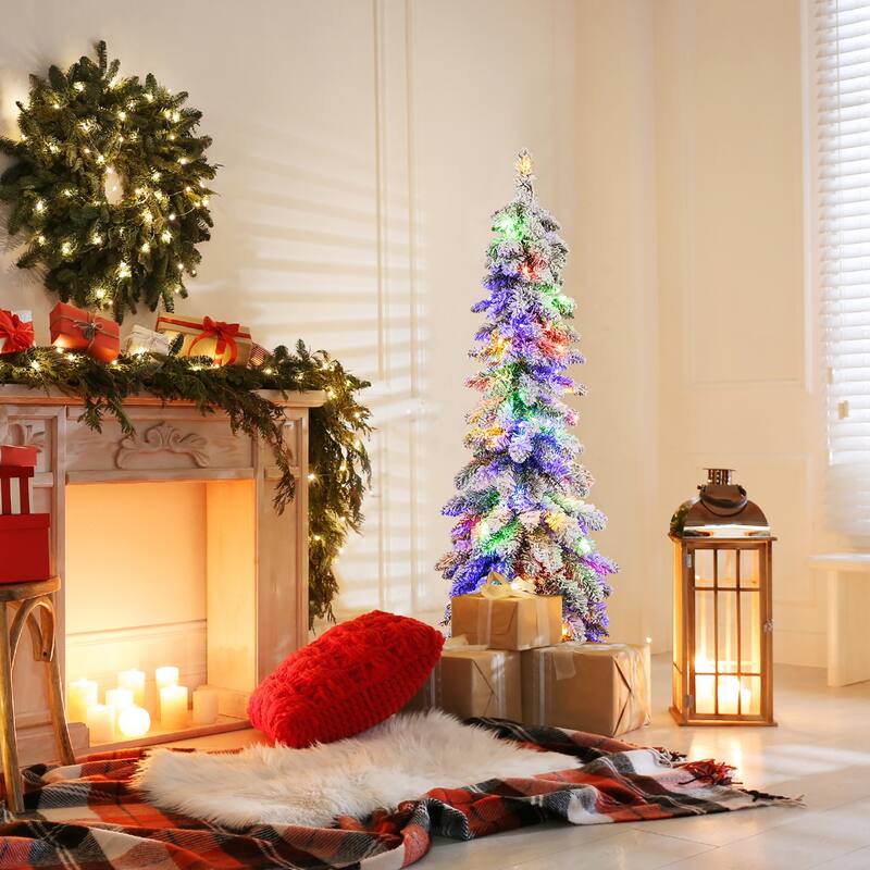 Gymax 4/5/6 FT Pre-Lit Artificial Christmas Tree Snow-Flocked Slim