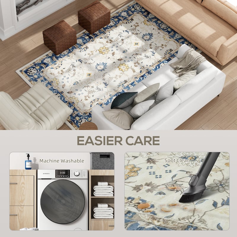 HOMCOM Area Rug 4x6, Machine Washable Rug, Non-Slip Boho Floral Print Floor Cover Foldable Carpet for Living Room - 3'6"
