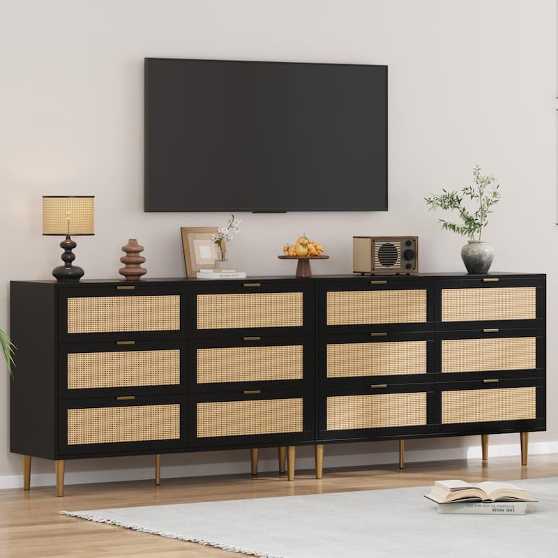 Natural Rattan 6 Drawer Dresser for Bedroom, Chest of Drawers with Gold Legs and Gold Handles, Wide Double Dresser