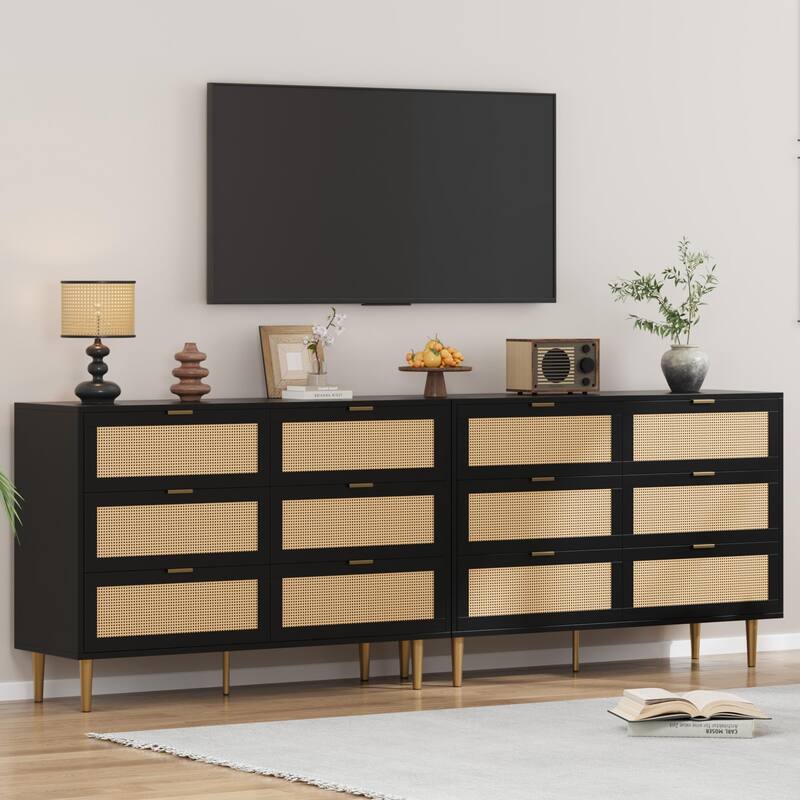 Rattan 5 Drawer Dresser, 44''Tall Narrow Chest of Drawer, Farmhouse Wooden Vertical Dresser with Metal Legs