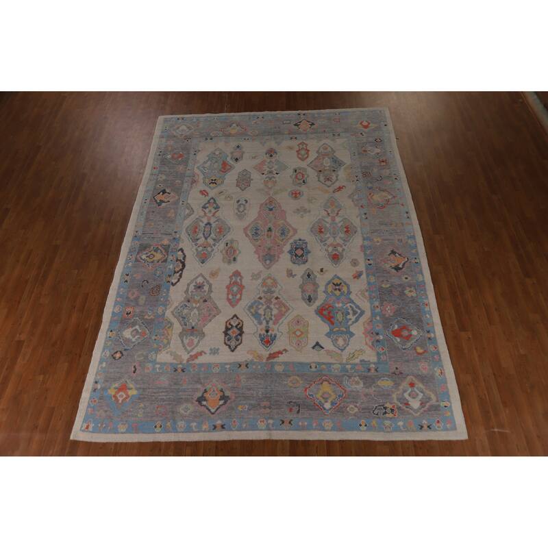 Hand Knotted Oriental 100% Wool Carpet Transitional Geometric Beige & Ivories Oushak Area Rug - 12' 4'' X 8' 11''