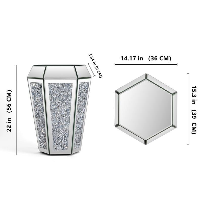 Hexagonal Mirror Top End Table with Crystal-Inlaid