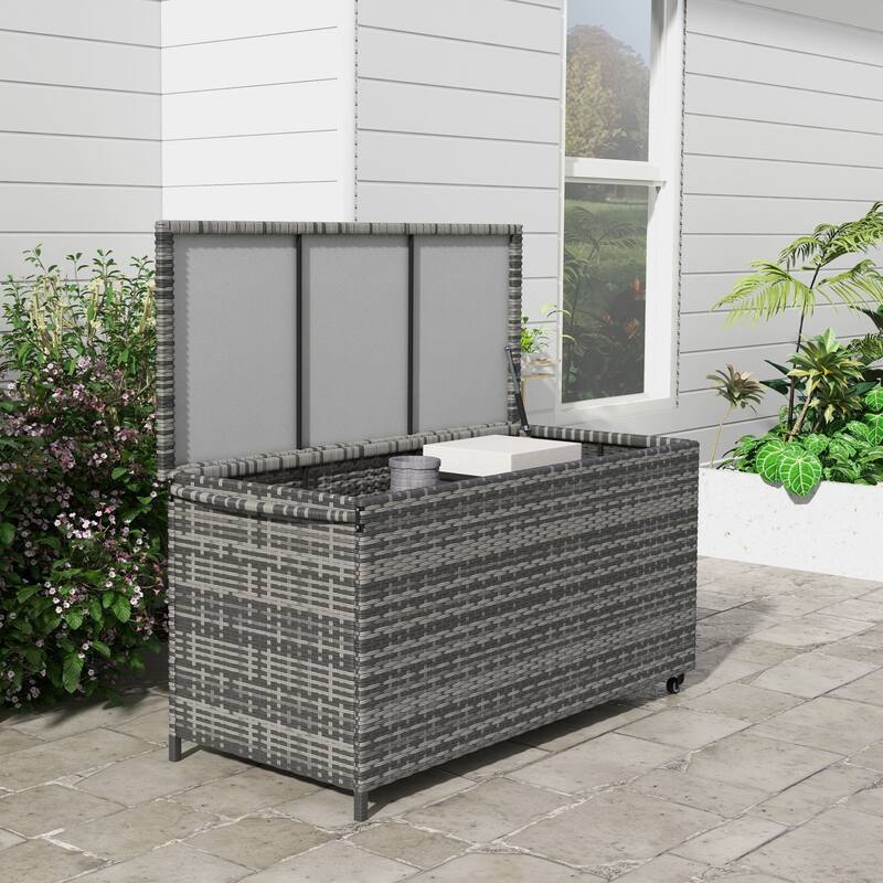 83 Gallon PE Wicker Deck Box Outdoor Trunk with 2 Wheels and Lid for Patio Cushions and Garden Tools