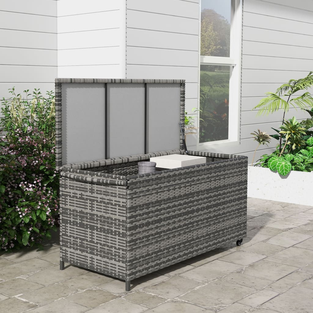 Rustic Wicker Deck Box with Wheels, Auto Close Lid and Rainproof Function for Outdoor Patio Poolside
