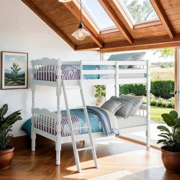 slide 2 of 7, Convertible Twin Bunk Bed with Ladder & Guard-Rail, White White