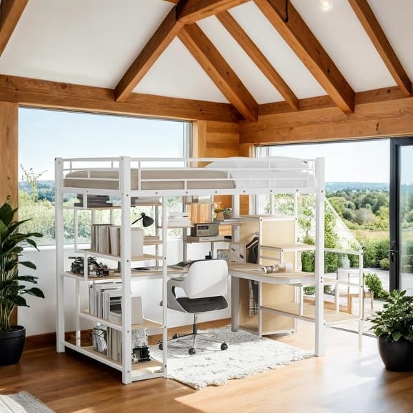 slide 2 of 34, Industrial Modern Full Size Metal Loft Bed with Storage Staircase and Small Wardrobe, Built-in Desk and Storage Shelves White