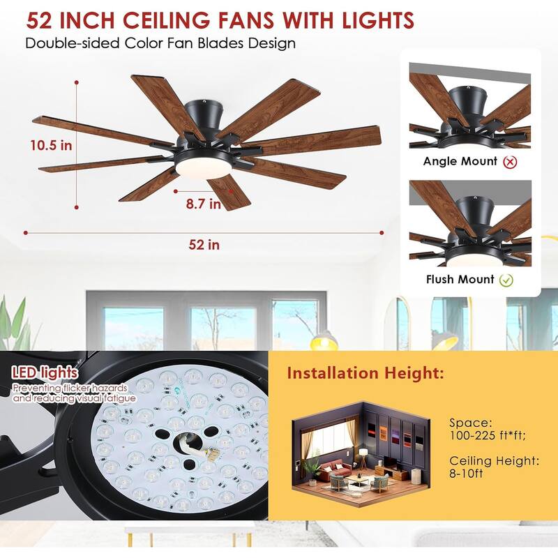 52 Inches Low Profile Ceiling Fan with LED Integrated,Retractable Blades,Remtoe and APP Control,for Bedroom,Living Room