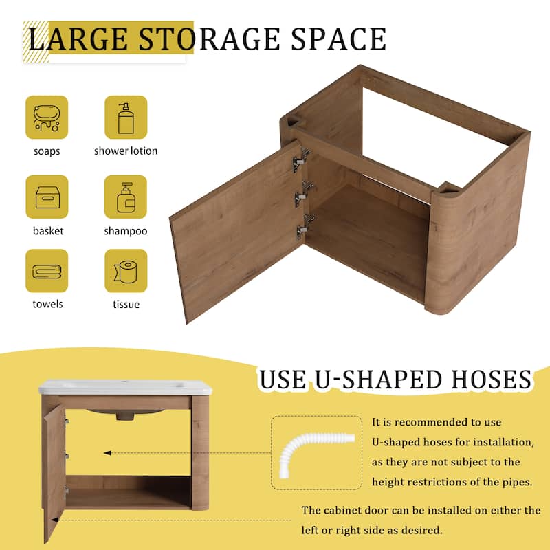 28'' Wall-Mounted Bathroom Vanity with White Ceramic Sink & 1-Soft-Close Door, KD-Packing, Plywood