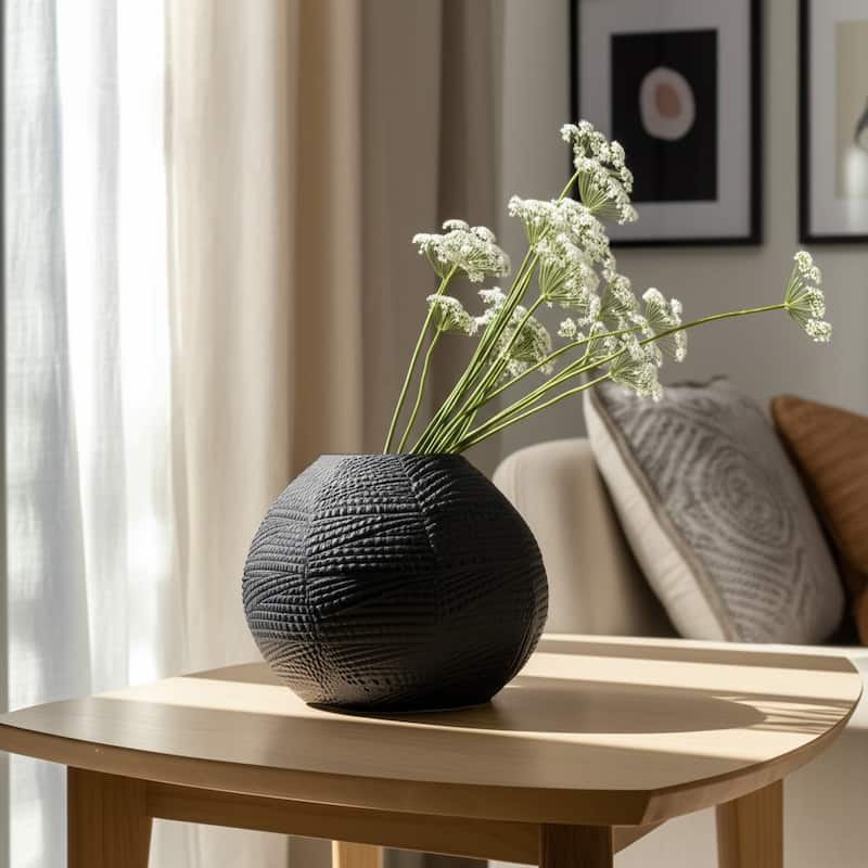 Glass Round Textured Modern Flower Vase - Black, 8"