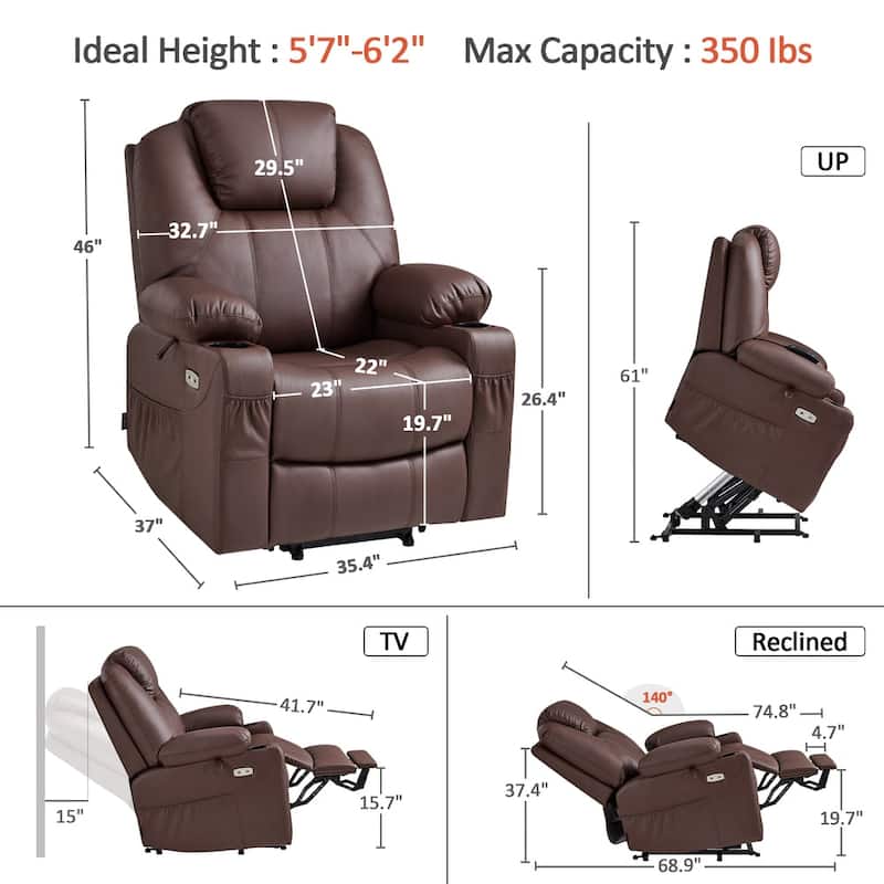 MCombo Large Power Lift Recliner Leather Chair with Massage, Heat, Cup Holders,Extended Footrest, Leather 7516