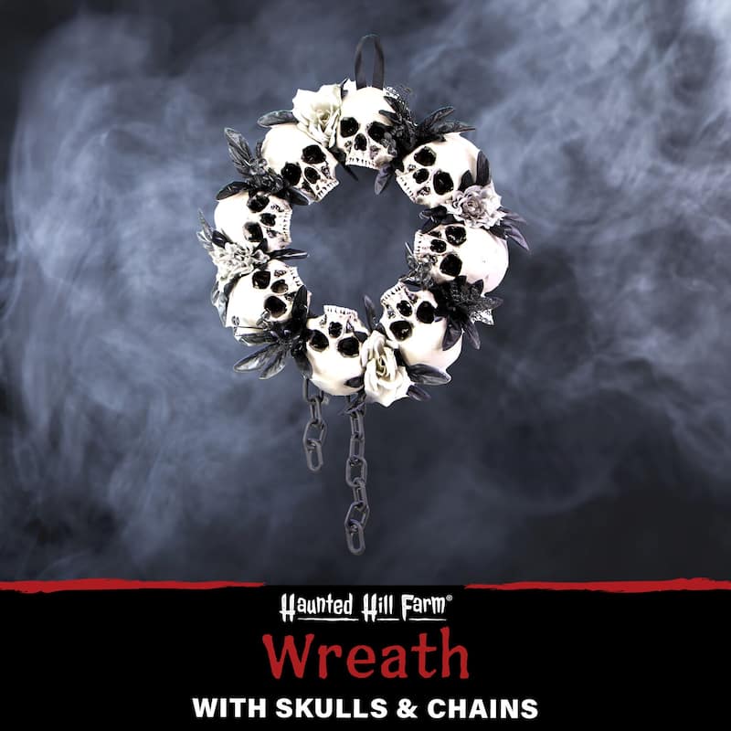 Haunted Hill Farm 15.7-In. Skulls and Chains Wreath, Halloween Door or Wall Decoration, White-Black-Gray