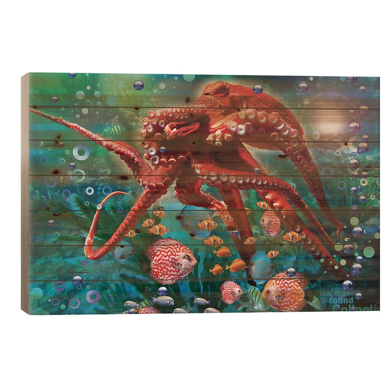 Red Octopus Print On Wood by David Loblaw - Multi-Color - 18x26x1.5