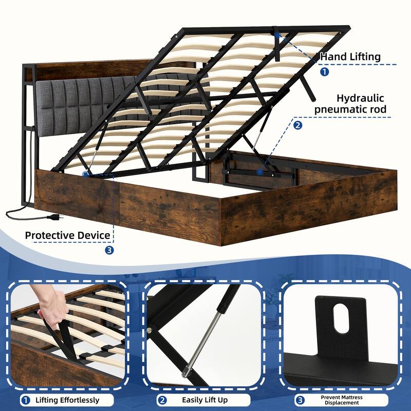 Moasis Lift-Up Storage Bed Frame with Charging Station & Storage Headboard