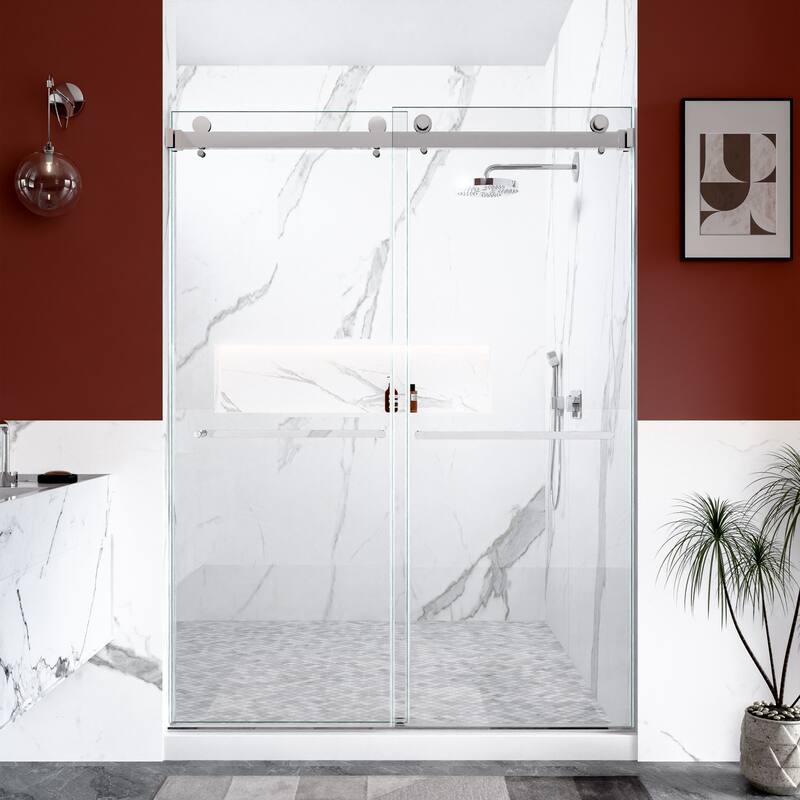 GDFStudio - Modern Minimalist Frameless Double Sliding Shower Door with 3/8" SGCC Tempered Glass & Stainless Steel Hardware - 56"-60"W x 80"H - Chrome