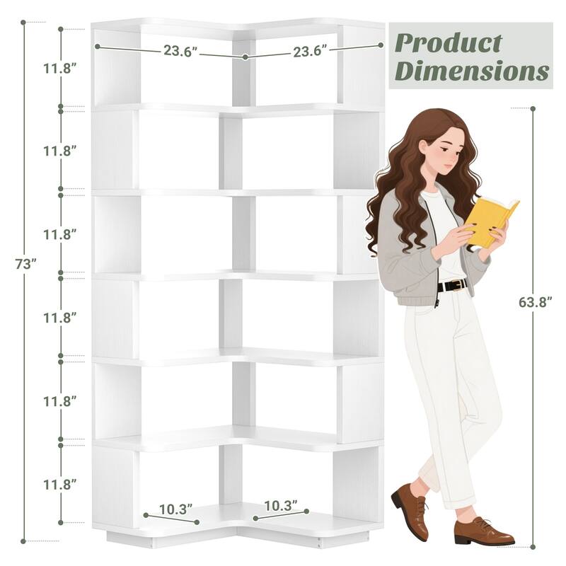 6-Tier Corner Bookcase, Freestanding Display Storage Book Shelf