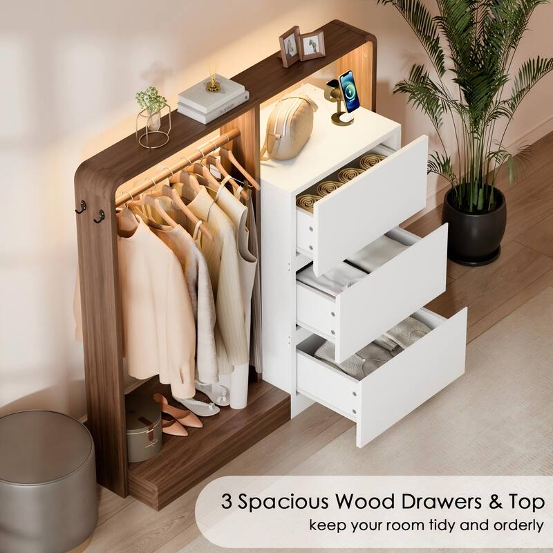 Dresser for Bedroom with Hanging Closet, 3 Drawers Dresser with LED Lights & Charging Station