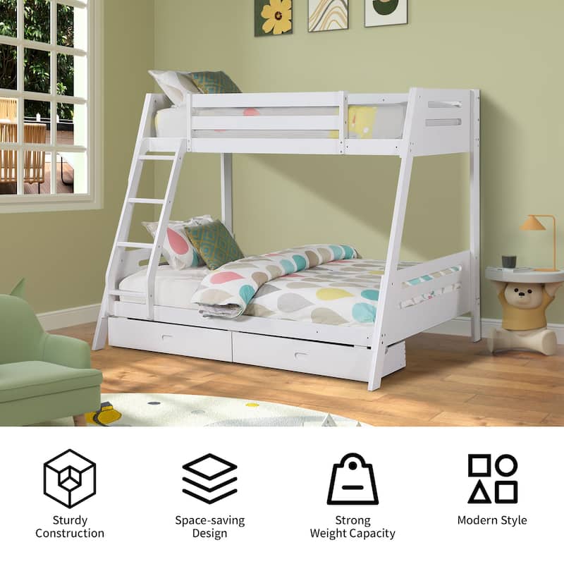 Modern White Solid Wood Twin Bunk Bed with Storage Drawers