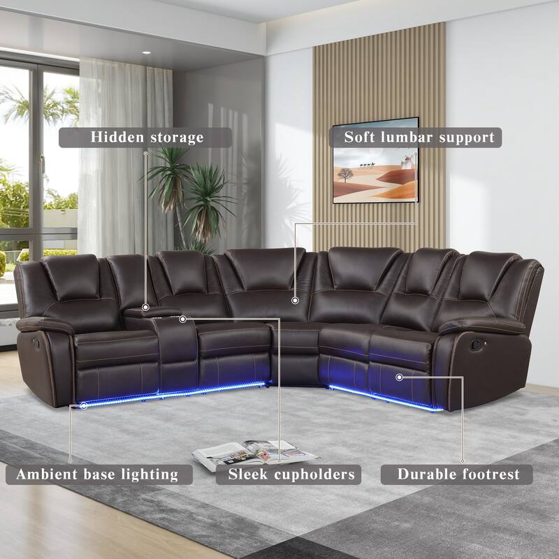 Modern Faux Leather Manual Reclining with LED Light Strip with 2 Cup Holders