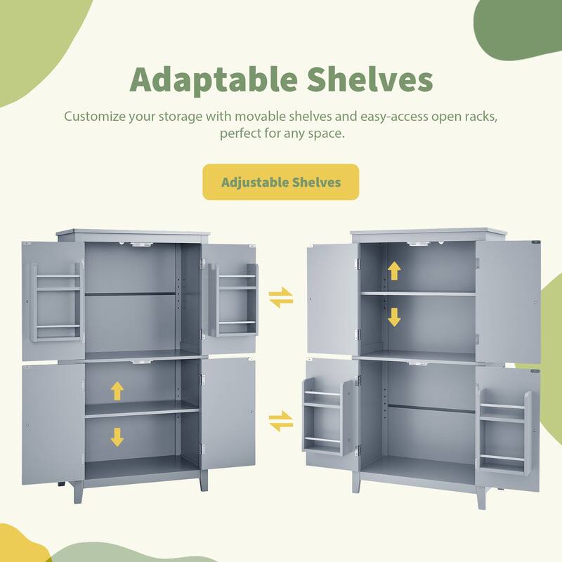 Large Bathroom Waterproof Storage Cabinet with 4 Doors, Shelf