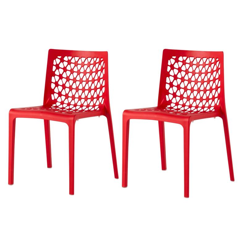 HomeRoots Set of Two Red Heavy Duty Plastic Outdoor Stacking Dining Chairs
