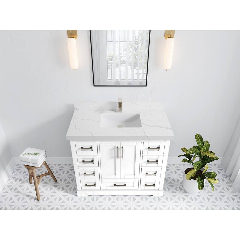 Willow Collection 42 in W x 22 in D x 36 in H Boston Single Bowl Sink Bathroom Vanity with Countertop - 2"Calacatta Laza - White