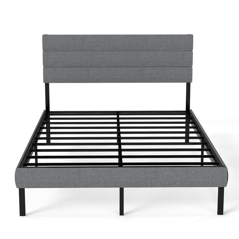 Linen Upholstered Bed Frame Metal Platform Bed Frame with Headboard and 14" Underbed Storage, Metal Slats Support, Noise-Free