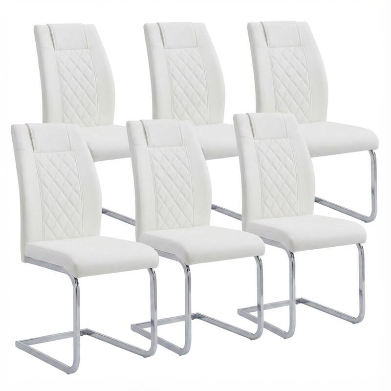 High-Back Dining Chairs Set of 6, PU Leather Modern Kitchen Chairs with Silver Legs for Home Furniture Dining & Kitchen Room - White