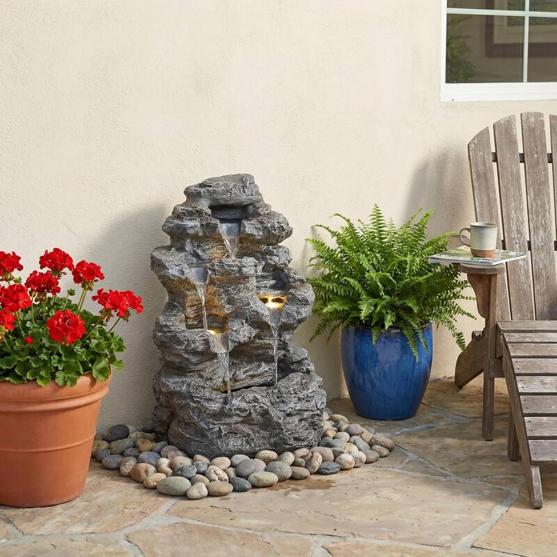 Roomfitters 24" 5-Tiered Tall Slim Concrete Outdoor Fountain with LED Lights, Space-Saving Faux Stone Column Water Feature, Gray - Gray