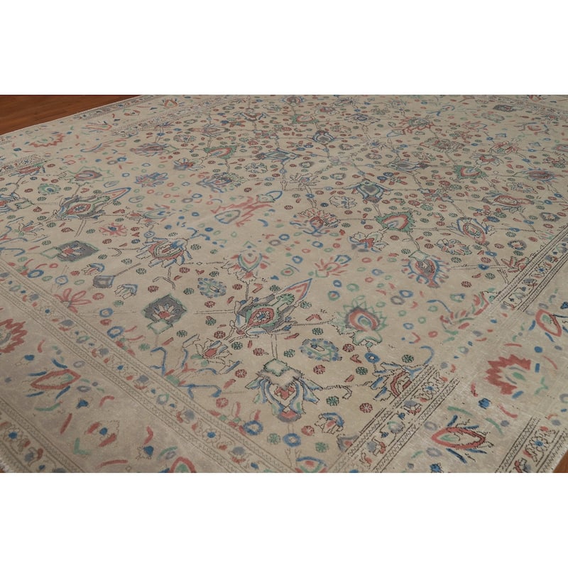 Hand Knotted Oriental 100% Wool Carpet Traditional All-Over Beige & Ivories Tabriz Area Rug - 12' 3'' X 9' 8''