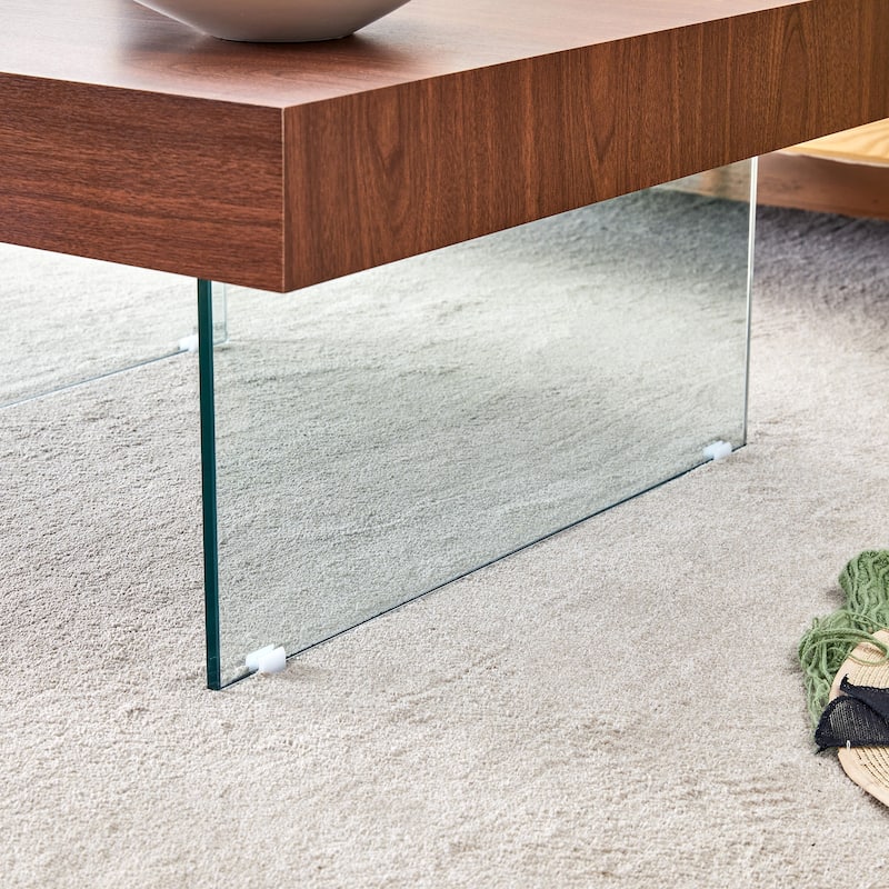 Living Room Square Coffee Table with Tempered Glass Legs, Dining Table Accent Table with Wood Grain Top