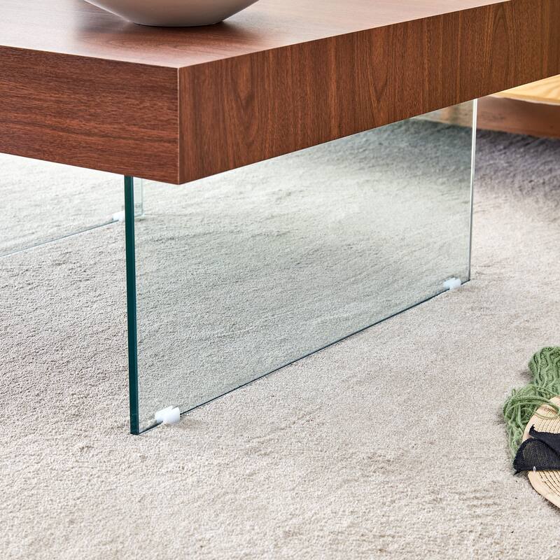 Walnut Colored Square MDF Coffee Table - 31.5"x31.5" with Tempered Glass Legs.Density Board Sticker,Reinforced Glass Leg